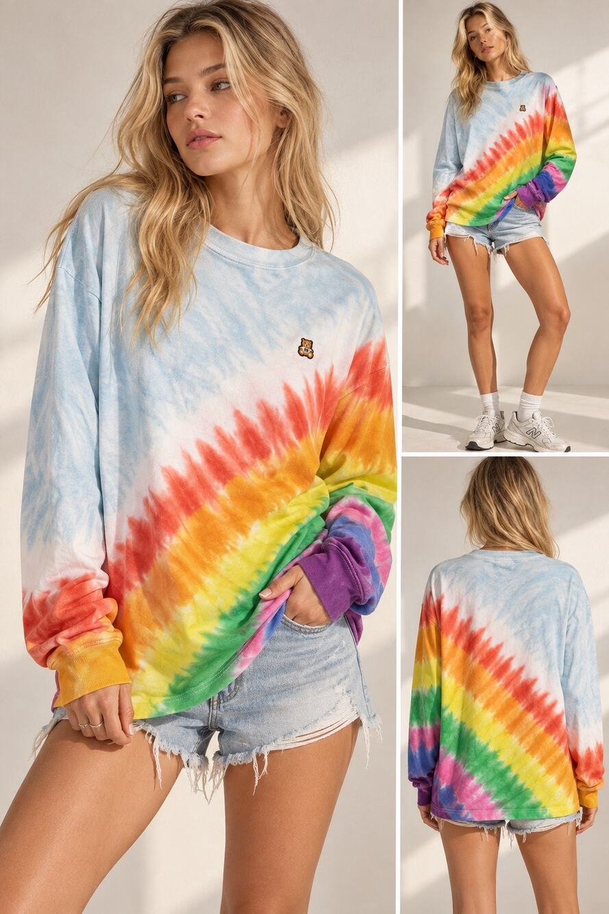 Teddy Fresh Rainbow Tie Dye Long Sleeve Tee Bear Streetwear S Y2K Kidcore Indie